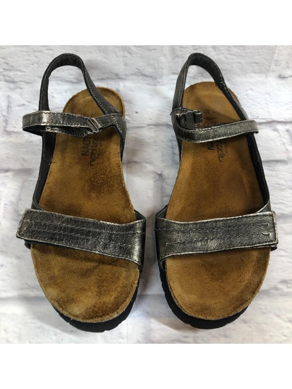 NAOT Womens 38 / 7 Bronze Leather Wedge Ankle Strap Open Toe